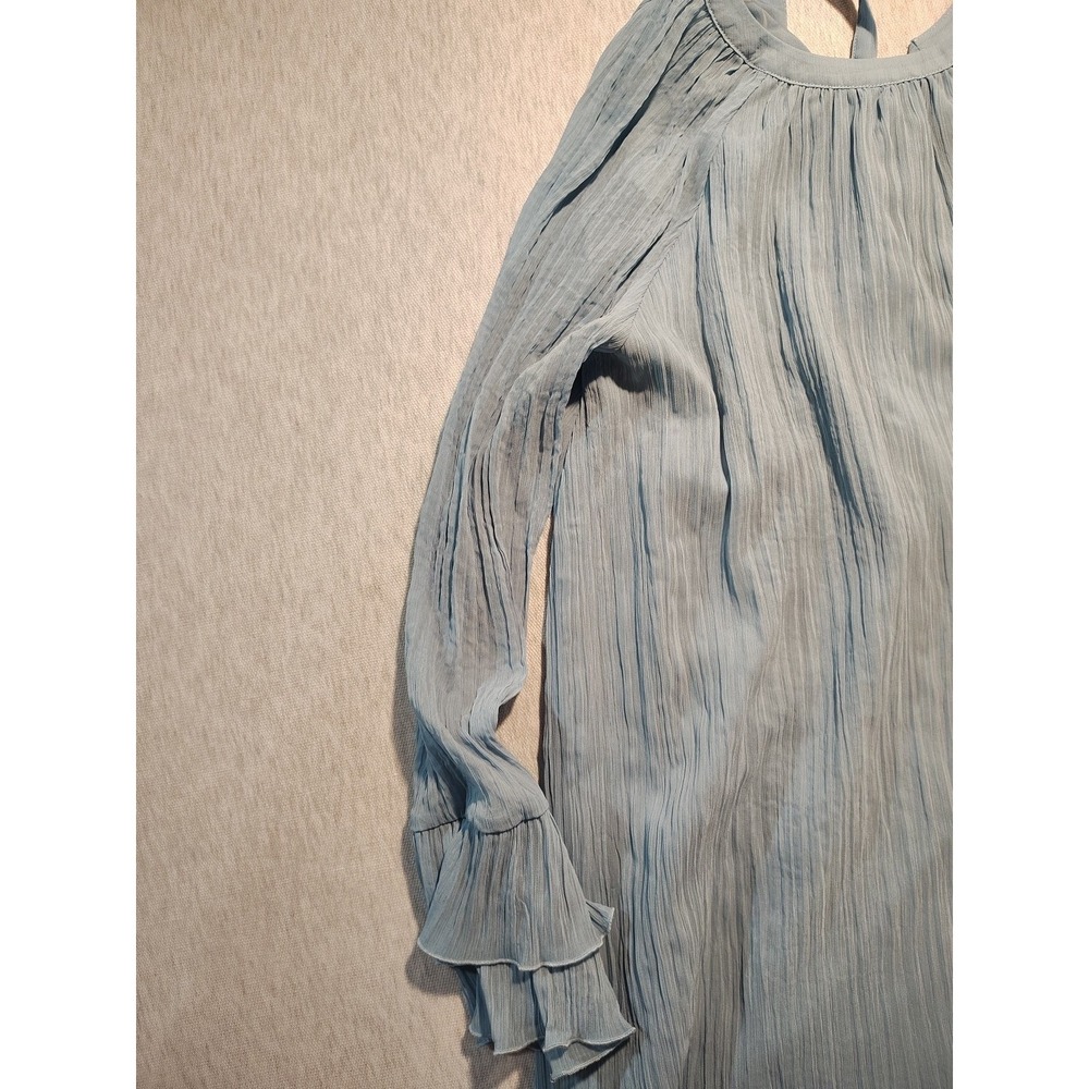 Dusty Blue Boho Size S (4-6) Crinkle Long Sleeve Airy Ruffle Hem Dress - Picture 2 of 11